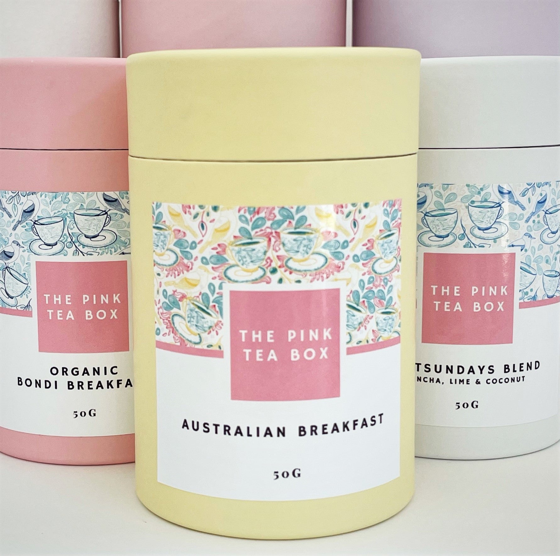 Pretty lemon coloured tea canister containing Australian Breakfast Tea from the Pink Tea Box