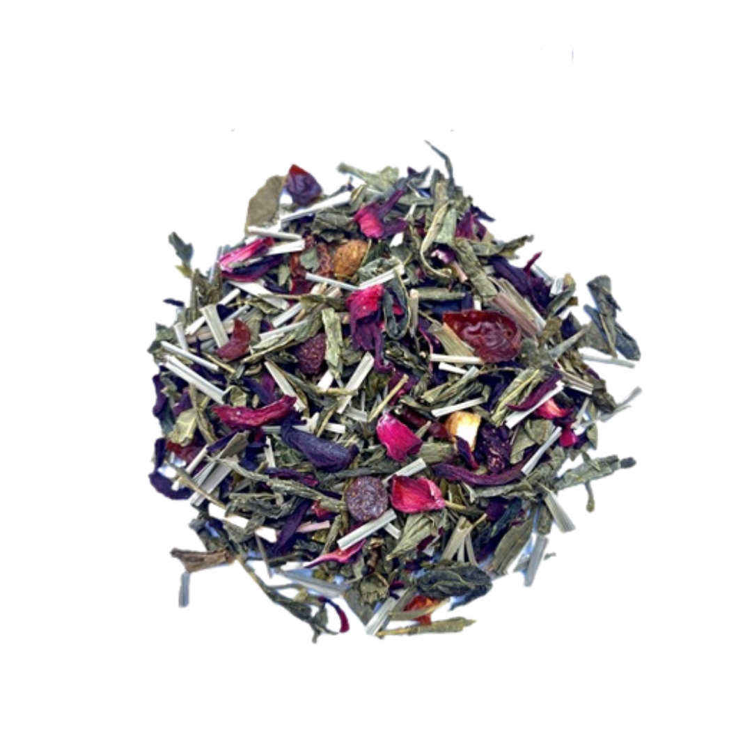 Green tea Sencha, hibiscus, lemongrass, rosehips, apple pieces, sour cherries, grapes, flavour   