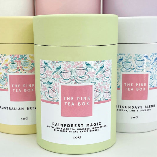 Mint coloured tea canister with Rainforest Magic tea from the Pink Tea Box 