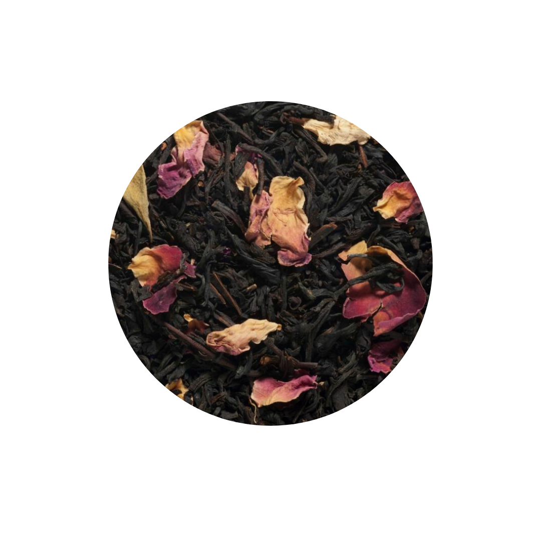 Loose leaf tea blend of turkish delight tea .  Tea and rose petals, from the Pink Tea Box