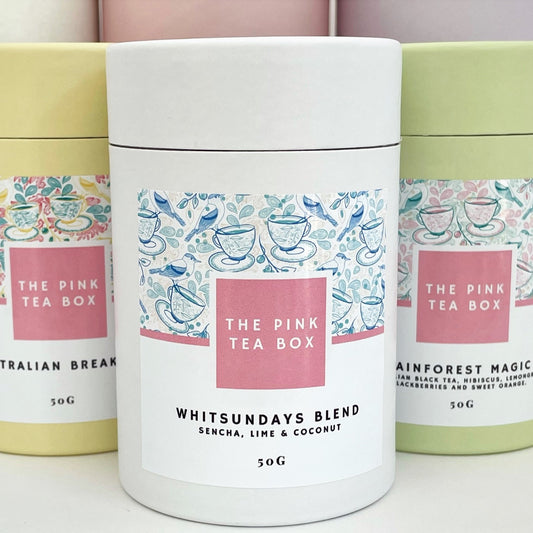 Pretty white tea canister containing Whitsunday Blend tea from the Pink Tea Box